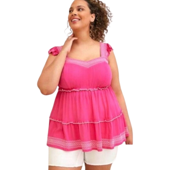TORRID NEW Plus Size Babydoll Crinkle Gauze Embroidery Tiered Tank Top. - Picture 1 of 13